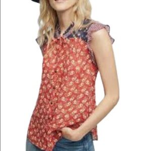 Sandy & Sid Boho Sheer Floral Flutter Sleeve Top Red XL*